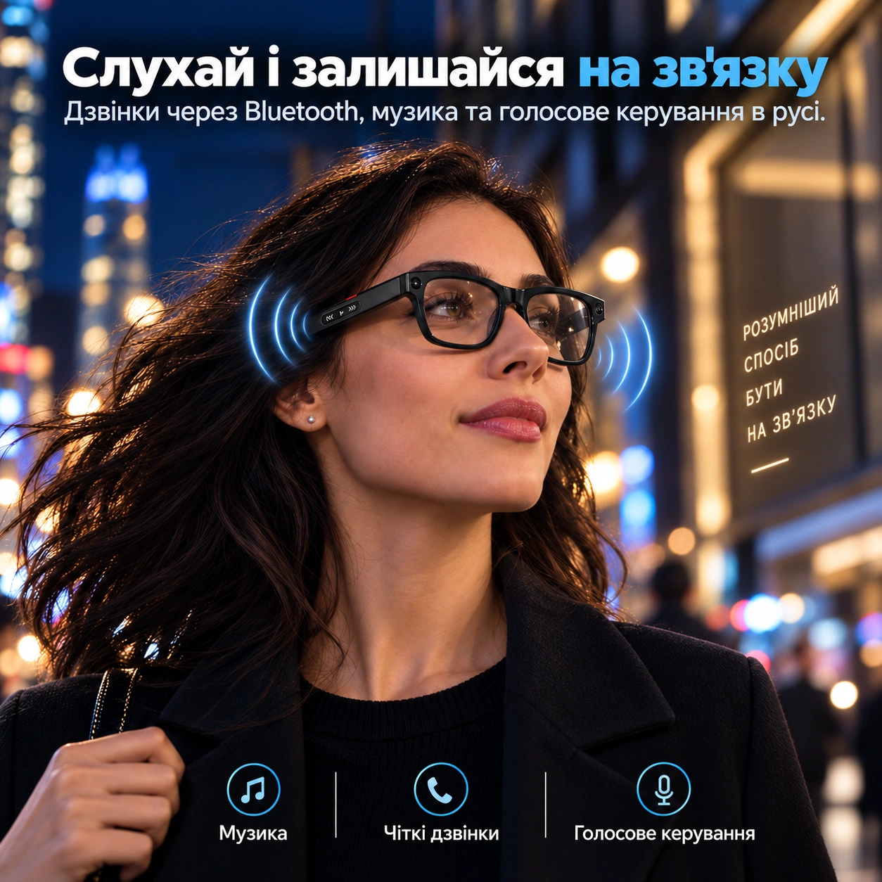 Жінка в AI-окулярах AIMB G1 слухає музику та використовує Bluetooth-дзвінки