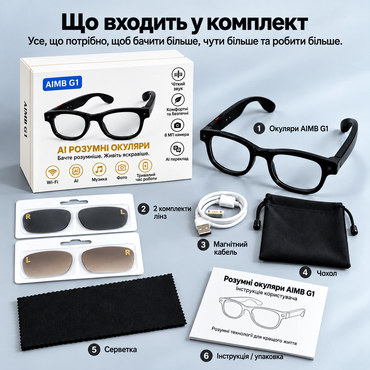 Комплект AI-окулярів AIMB G1 з лінзами, магнітним кабелем, чохлом, серветкою та інструкцією