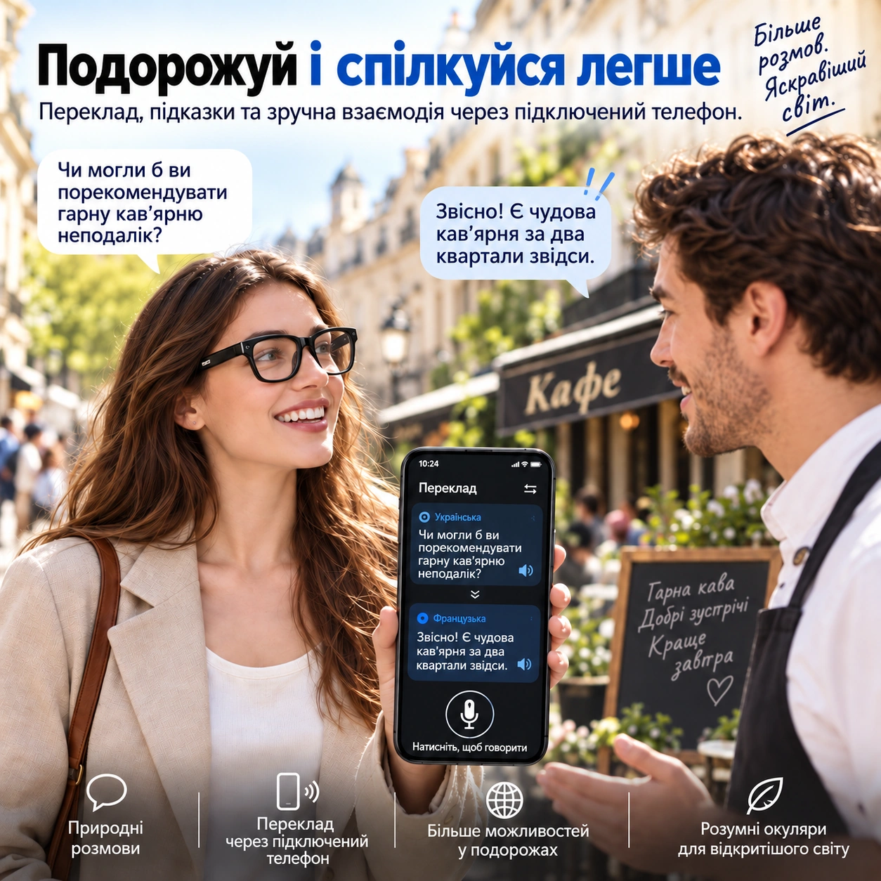 Використання перекладу через підключений телефон та AI-окуляри AIMB G1